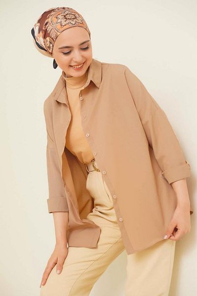 MODAVERA 103901 Oversize Basic Hijab Shirt - Camel