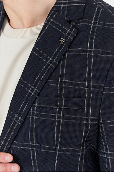 Frappoli Sarmue Erkek Koyu Lacivert Ekose Kareli Pamuk Polyester Kumaş Slim Fit Dar Kesim Spor Blazer Ceket