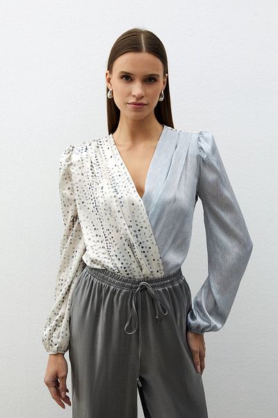 Sateen Gray Double Patterned Double Breasted Blouse