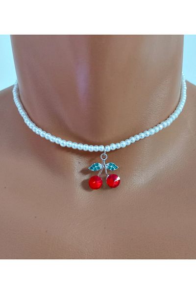 mos&more Cherry Dangle Faux Pearl Choker Necklace