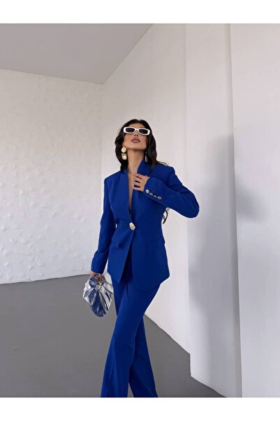 STMT BUTİK Kadın Altın Düğme Detaylı Blazer Ceket ve Pantolon Takım – Yeni Sezon