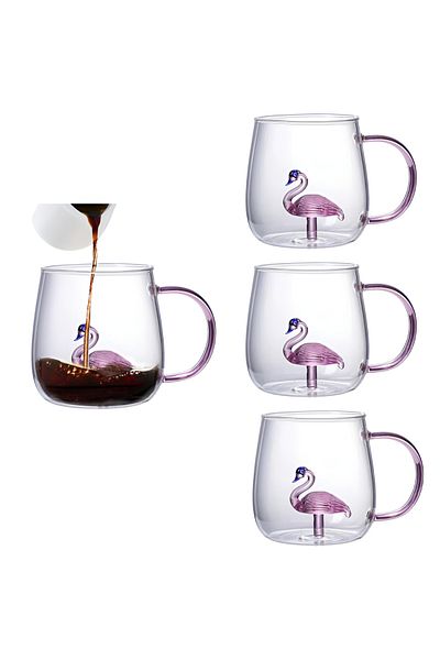 Herum Set 4 cani cu pereti dubli, figurina flamingo, din sticla, pentru cafea, ceai, Transparent, 380 ml