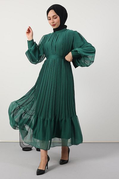 GİYZAMİLA Pleated Janjan Evening Dress Green