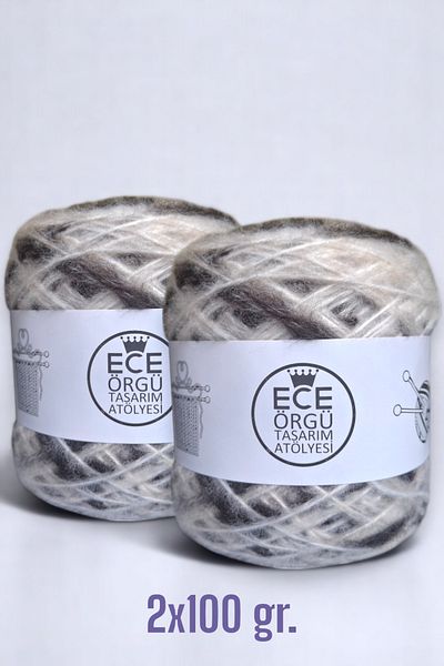 Ece Örgü Tasarım Atölyesi Πλεκτό σχοινί Panda, λευκό και μαύρο χρώμα μεσαίου πάχους μαλλί moher (200 γρ.)