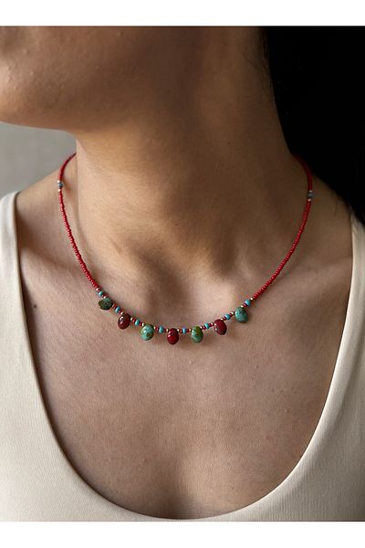 dela otantik Handmade Red-Turquoise Stone Beaded Authentic Necklace – Elegant Bohemian Ethnic Vintage Bijouterie Jewelry