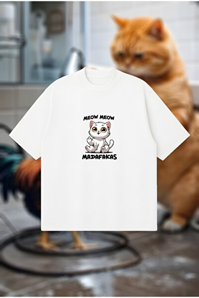 PURE POWER Tricou Meow Madafaka pisică Boxy Fit supradimensionat unisex trico...