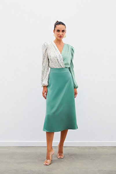 Sateen Green Double Patterned Double Breasted Blouse