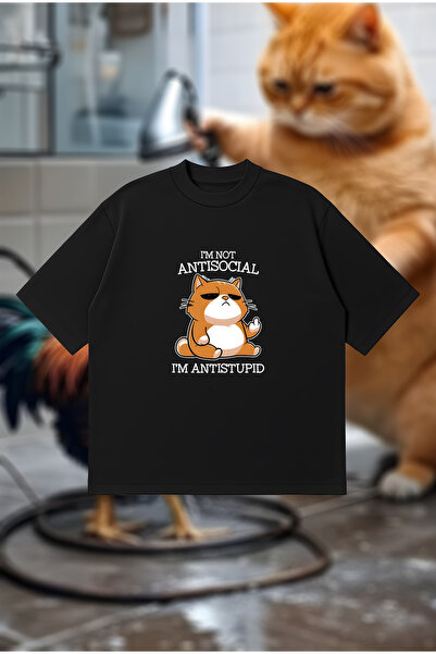 PURE POWER Αντικοινωνική Γάτα Cat Boxy Fit oversized Unisex 100% Μπλουζάκια σ...