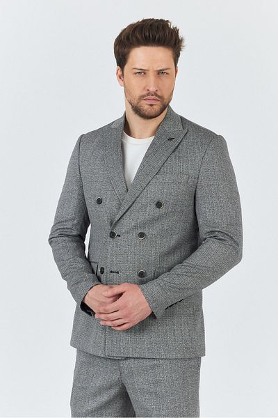 Frappoli Reggina Men's Black-Grey Self Patterned 4-Season Slim Fit Double Breasted Suit