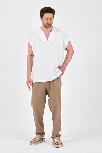 BABBOSS Linen Oversize V-Neck Zero Sleeve Shirt