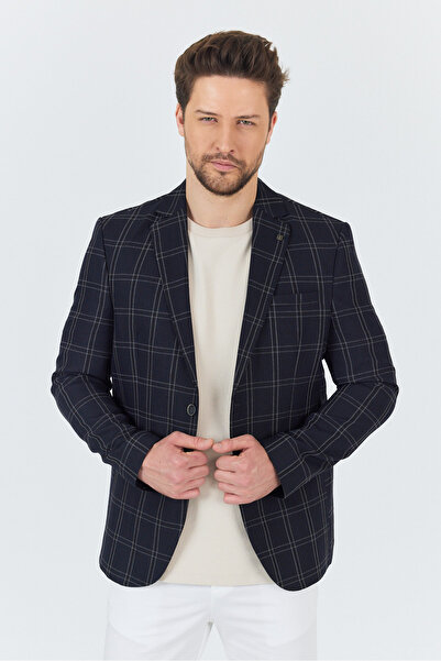 Frappoli Sarmue Erkek Koyu Lacivert Ekose Kareli Pamuk Polyester Kumaş Slim Fit Dar Kesim Spor Blazer Ceket