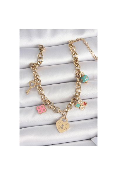 maarketim 316L Steel Gold Color Chain Dangle Lock Heart Figure Key Model Women's Bracelet
