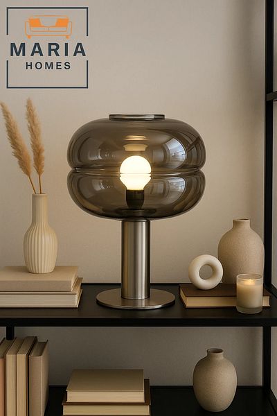 MARIA HOMES Brushed Steel Lamp With Smoked Glass Dome