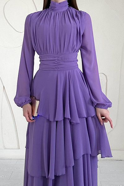 Elbee Fashion Woman Stand Collar Waist Detailed Dress