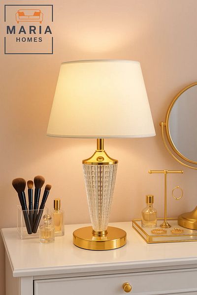 MARIA HOMES Elegant Crystal and Gold Table Lamp for Bedroom or Vanity Lighting Decor