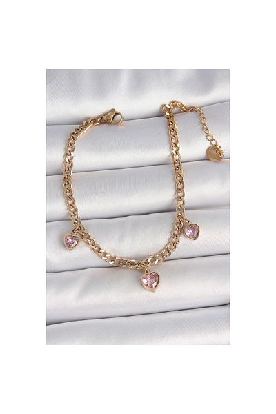 maarketim 316L Steel Gold Color Chain Dangle Pink Zircon Stone Heart Model Women's Bracelet