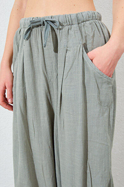 Manche Beli Lastikli Keten Balon Pantolon - Haki | Mks661329-01