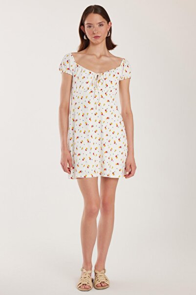 Tudors Kadın Standart Fit Bağlama Detaylı Gofre Kare Yaka Mini Elbise