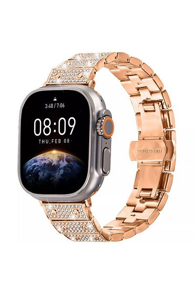 REDz Accessories Crystal Glam Strap For Apple Watch Design With Rhinestones, Metal Links, Rose Gold - 44/45/46/49 Mm