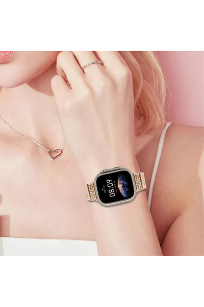 REDz Accessories Λουράκι με κρυστάλλινο κρύσταλλο για Apple Watch με σχέδιο στρας, μεταλλικοί κρίκοι, ροζ χρυσό - 44/45/46/49 mm