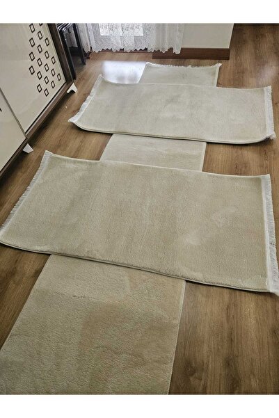 AKSU Modern peluş 3lü bej saçaklı yatak odası takımı yıkanabilir antibakteriyel 2adet75x150 1adet 75x300