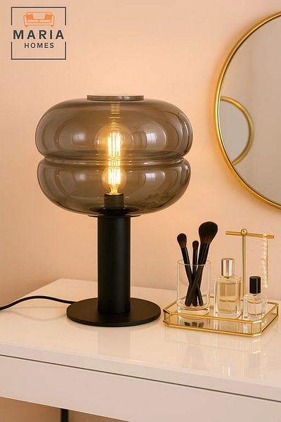 MARIA HOMES Modern Black Table Lamp with Smoked Glass Shade