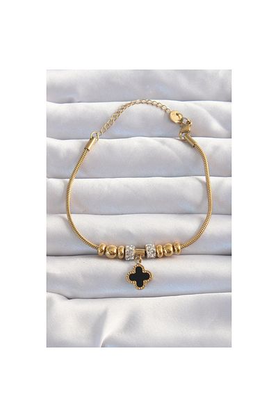 maarketim 316L Steel Gold Color Black Enamel Clover Bracelet with Zircon Stone Accessory