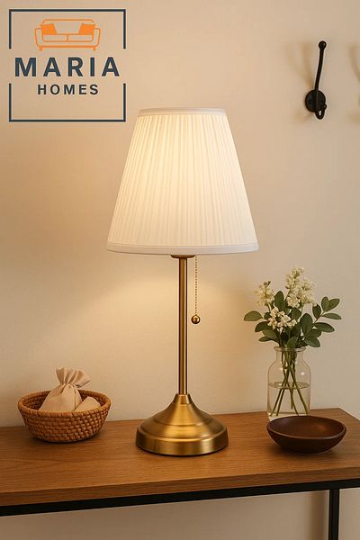 MARIA HOMES Vintage Brass Table Lamp with Pleated Shade for Cozy Bedroom or Entryway