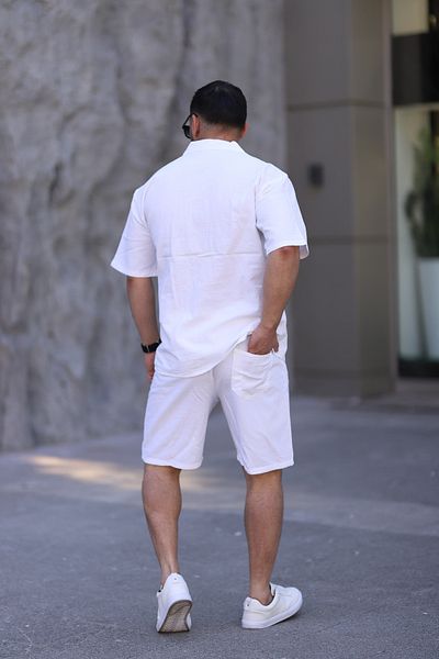 MYRAB DENİM Λευκό Χρώμα Πουκάμισο Σορτς Ανδρικό Λινό Κοστούμι Oversize Mold