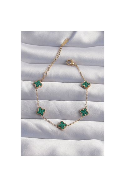 maarketim 316L Steel Baby Boy Gold Color Striped Green Enamel Clover Bracelet