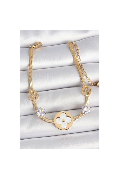 maarketim 316L Steel Gold Color Italian Chain White Enamel Clover Model Zircon Stone Detailed Women's Bracelet