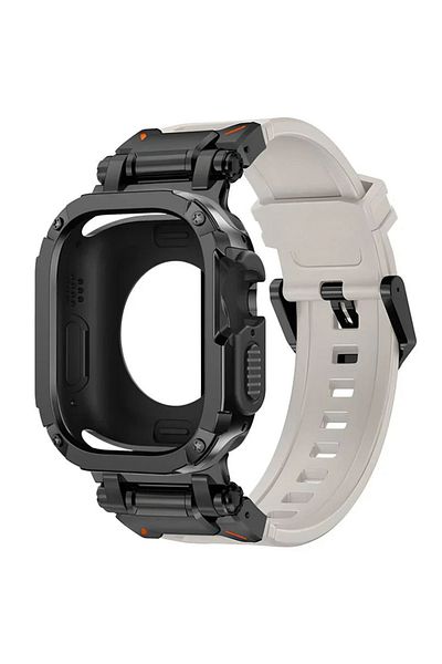 REDz Accessories Curea Hybrid Armor 2 în 1 pentru Apple Watch, protecție completă, silicon, culoare Starlight și neagră - 46 mm