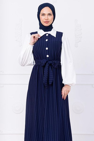 hafsamina Ριγέ Φόρεμα Hijab με γαρνιτούρα μανίκι Navy Blue HM2740