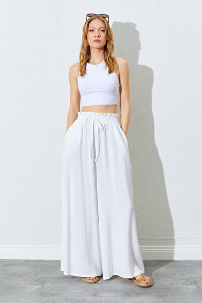 Manche بنطال مودال فضفاض بخصر مطاطي سميك - أبيض |   Mks661642-01
