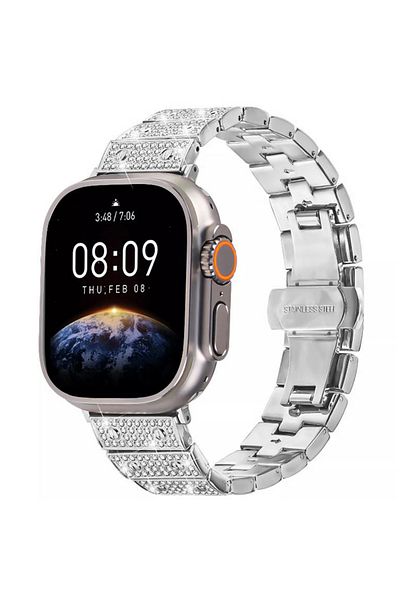 REDz Accessories Crystal Glam Strap For Apple Watch Design With Rhinestones, Metal Links, Silver - 38/40/41 Mm