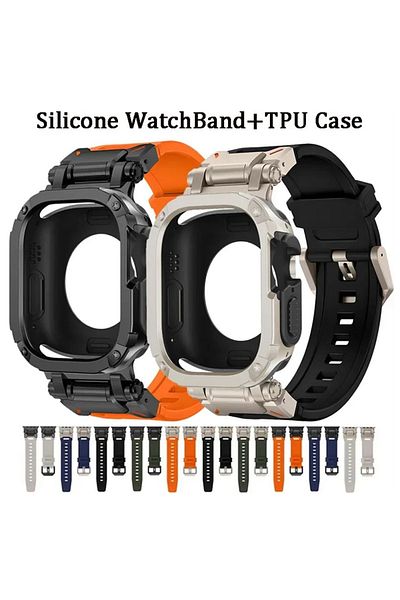 REDz Accessories Curea Hybrid Armor 2 în 1 pentru Apple Watch, protecție completă, silicon, culoare Starlight și neagră - 46 mm