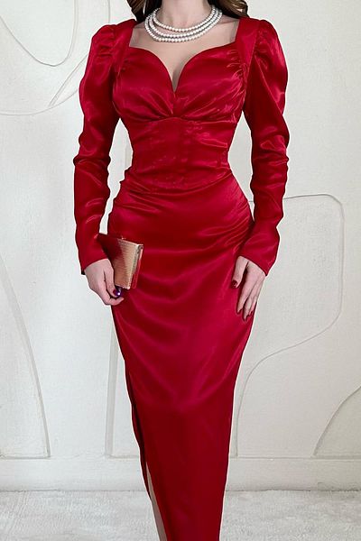 Elbee Fashion Woman Satin Breast Cup Slit Detailed Dress