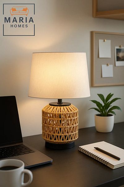 MARIA HOMES Woven Rattan Table Lamp with White Shade