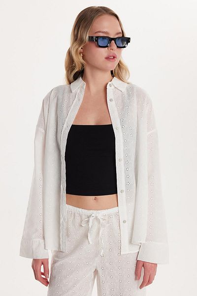 Tudors Cămașă Ecru ajurata, cu nasturi, slim fit, pentru femei