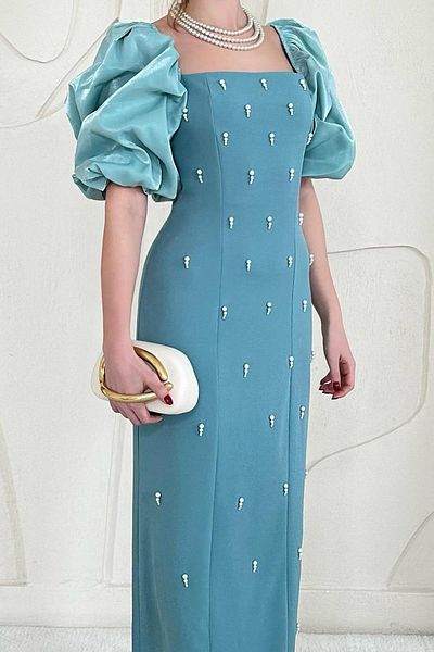 Elbee Fashion Woman Dress with Garnished Sleeves and Embroidery Detail