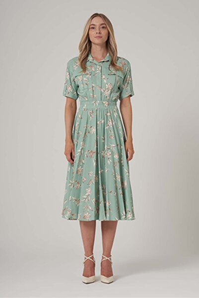 UTOPIAN V Yaka Desenli Midi Elbise