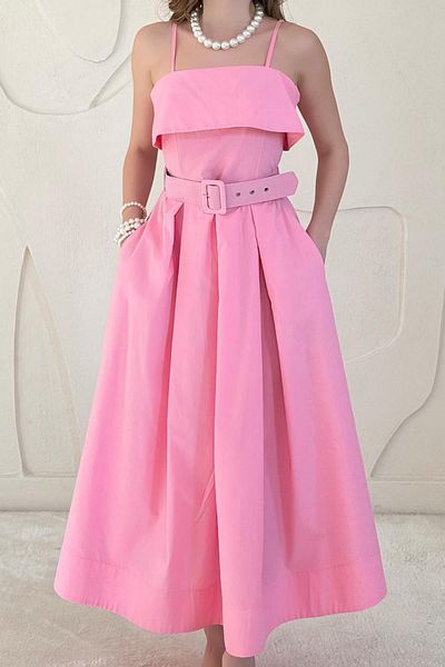 Elbee Fashion Woman Pleated Dress with Belted Straps