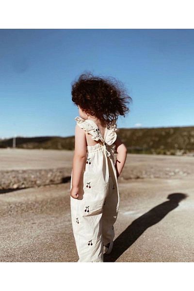 Karan Kids Cherry Embroidered Suspender Ruffle Detailed Cotton Linen Jumpsuit