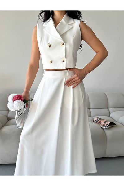 Ekim Store Costum cu fustă cu vestă și fustă cu rever dublu cu nasturi
