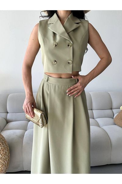 Ekim Store Buttoned Double Breasted Collar Double Blazer Vest and Skirt Suit