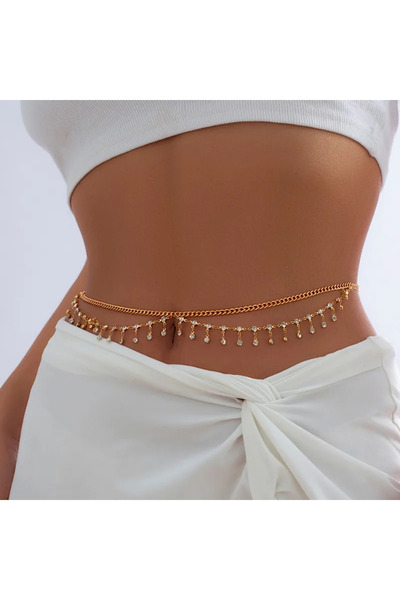 Girift Vintage Zayna Yuvarlak Detaylı Taşlı Gold Bel Göbek Zinciri