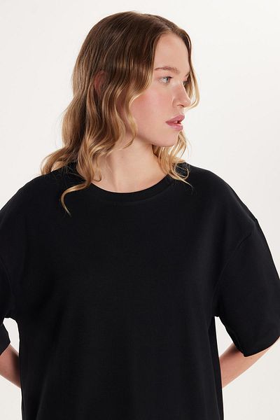Tudors Tricou negru cu mânecă scurtă, cu decolteu, cu mânecă scurtă, pentru femei
