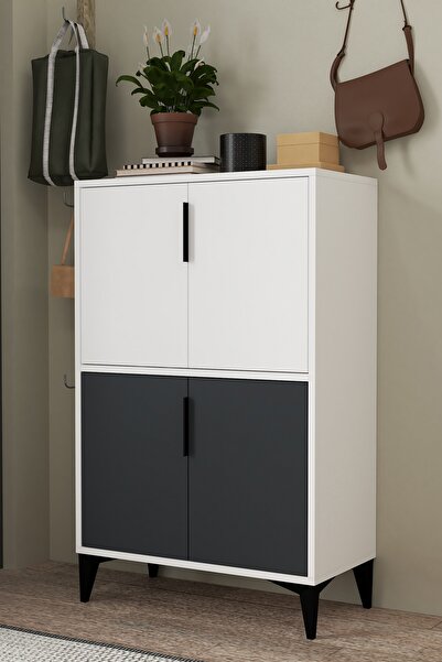Evmo Home 1402 Ada Ayakkabılık 4 Raflı 4 Kapaklı Çok Amaçlı Dolap Kiler Antrasit Beyaz