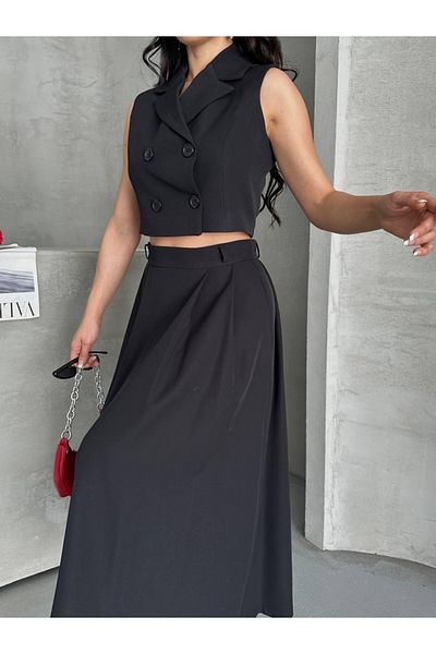 Ekim Store Buttoned Double Breasted Collar Double Blazer Vest and Skirt Suit