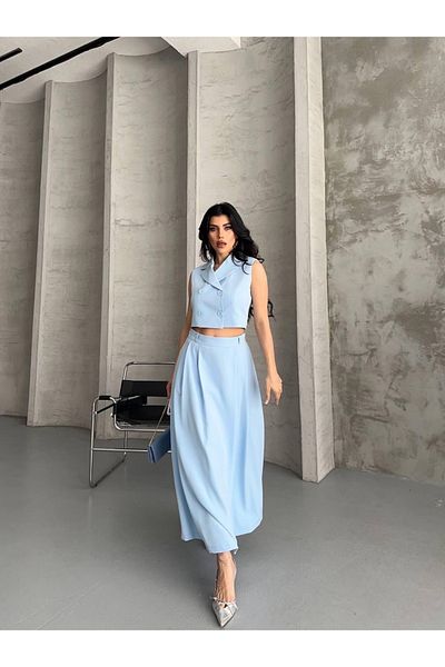 Ekim Store Buttoned Double Breasted Collar Double Blazer Vest and Skirt Suit
